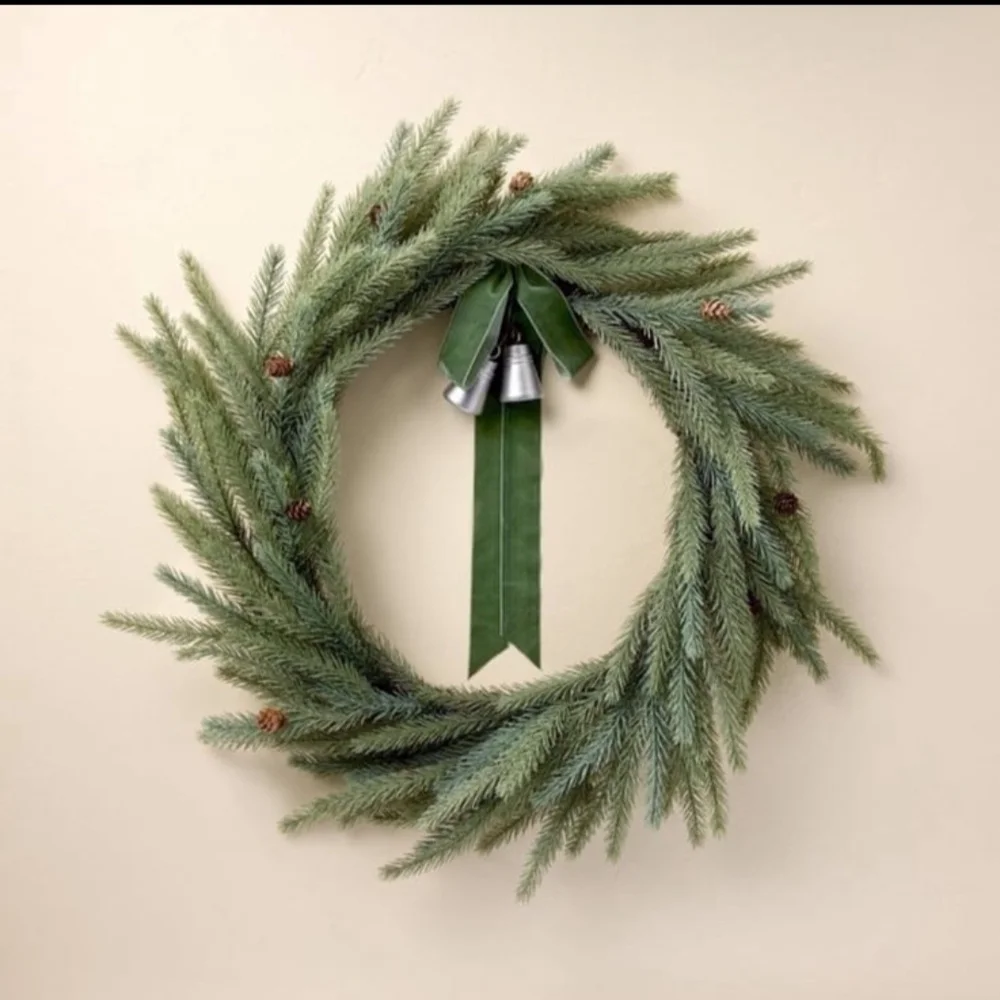 Hearth & Hand With Magnolia Faux Spruce Christmas Wreath/ Bells and Velvet Ribbo